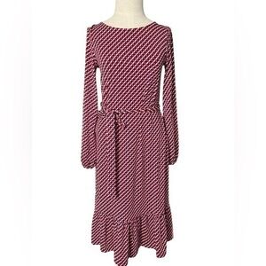 Boden Holly Jersey Dress in Pop Peony Trellis Long Sleeve Belted Waist Size 4L